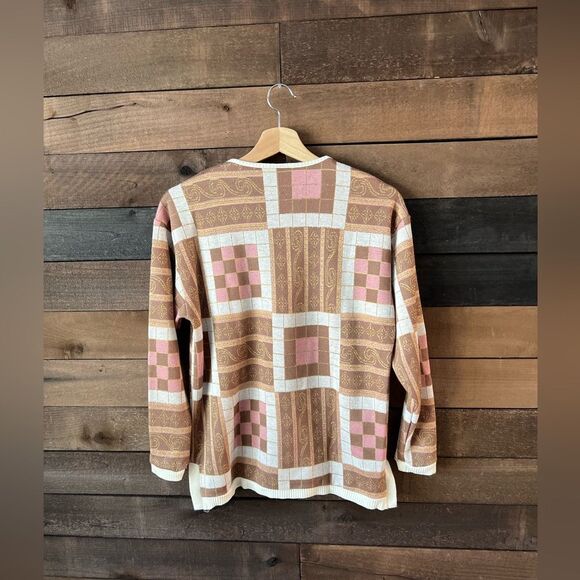 Vintage 90s Susan Bristol Patchwork Sweater – Ribbed Knit Trim in Warm Neutral - Picture 6 of 9